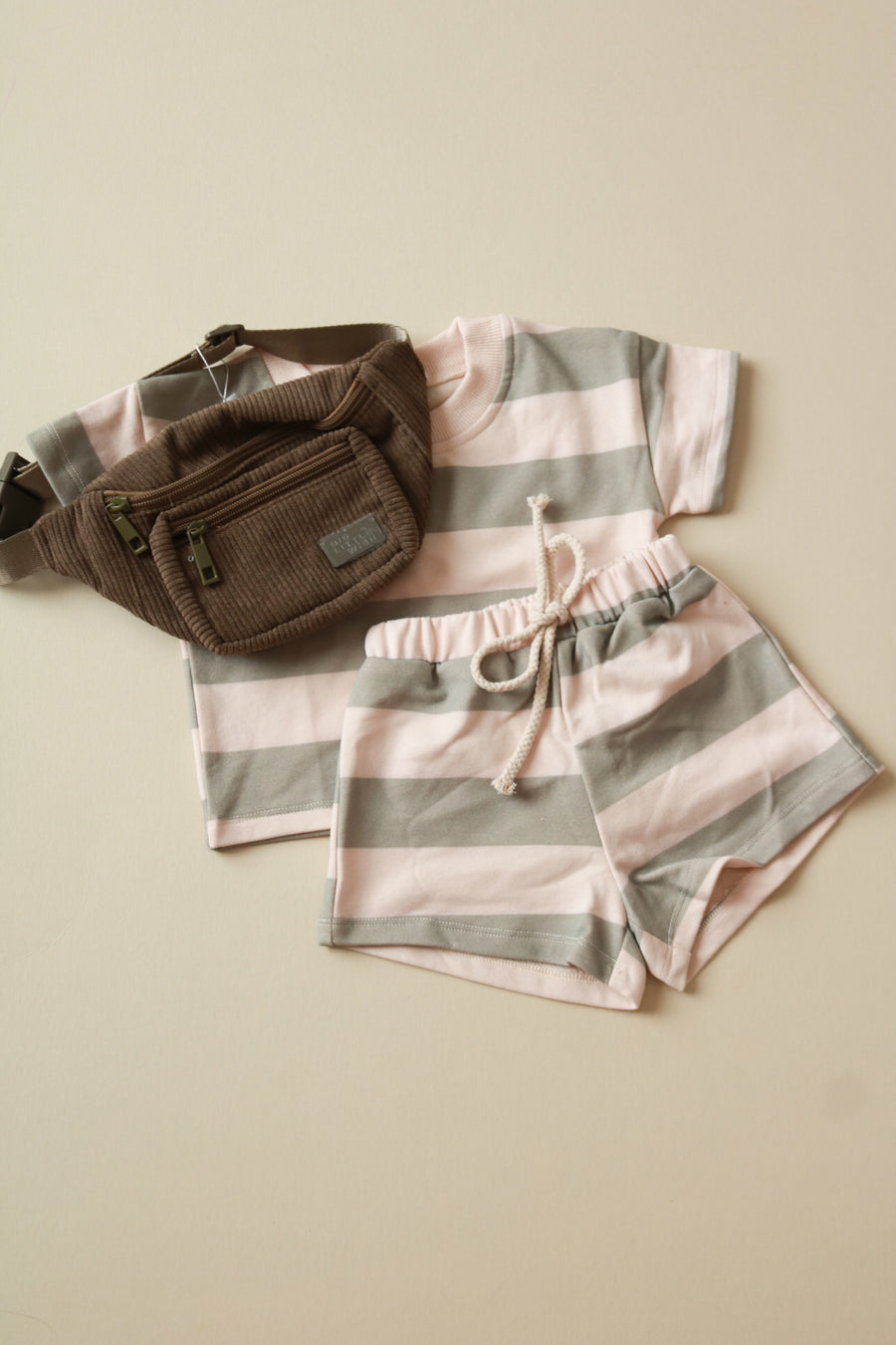 Striped Shirt + Shorts Set - Sage Green