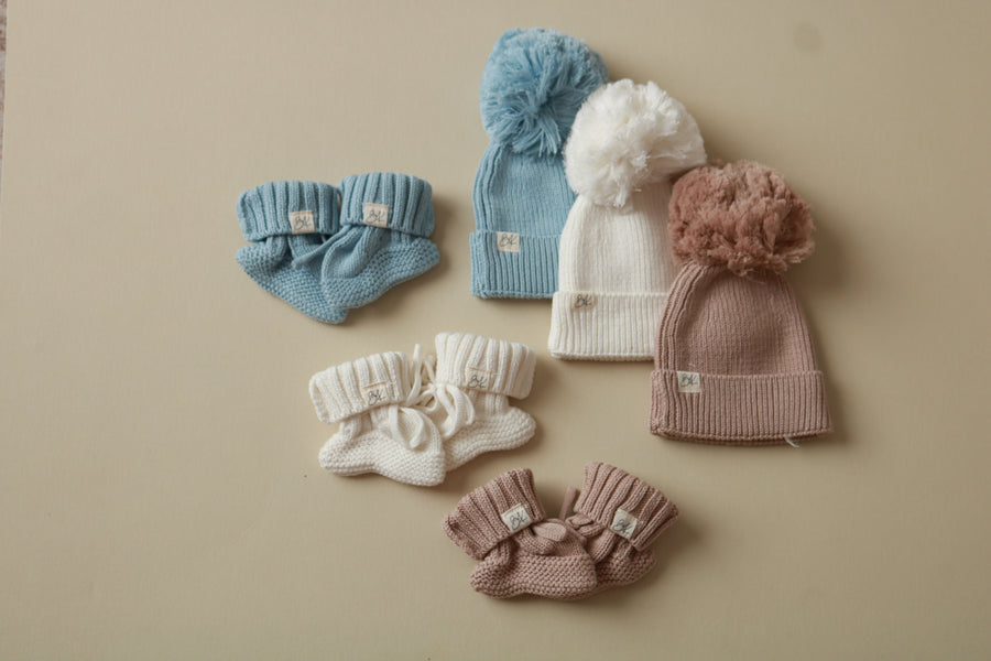 Knit Booties and Pom Beanies