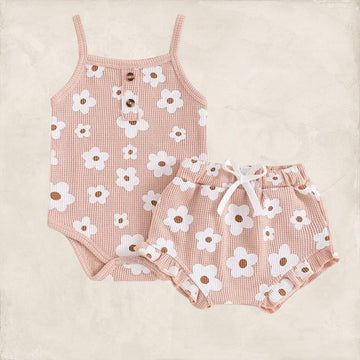 Flor - Waffle Knit Bodysuit  + Bloomer Set - Peach