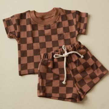 Checkered Shirt + Shorts Set Brown