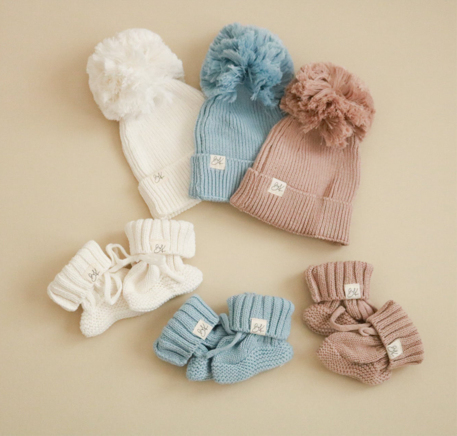 Knit Booties and Pom Beanies
