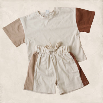 Sally | Color Block Tee Shirt + Shorts Set - Brown