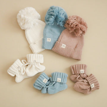 Knit Booties and Pom Beanies