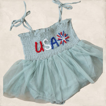 Hand embroidered USA + Fireworks| Tulle Romper