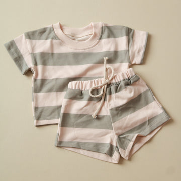 Striped Shirt + Shorts Set - Sage Green