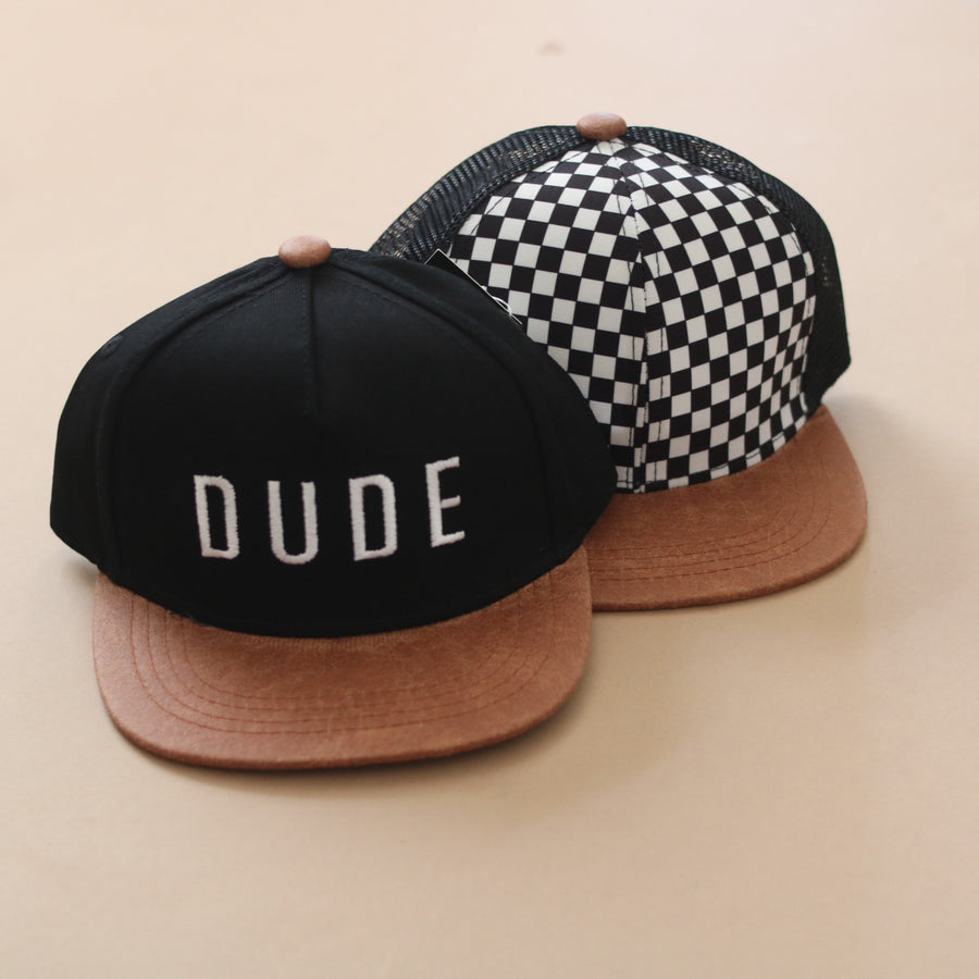 Flat Brim Trucker Hat DUDE Black Faux Learher