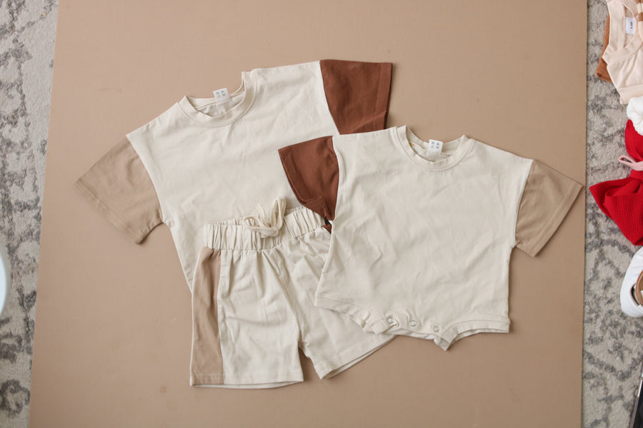 Sally | Color Block Tee Shirt + Shorts Set - Brown