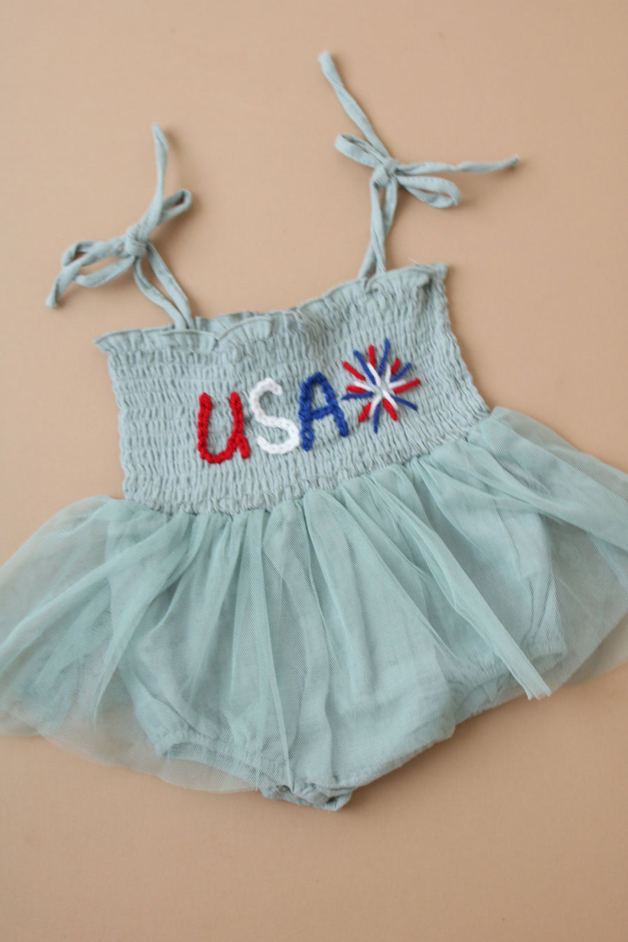 Hand embroidered USA + Fireworks| Tulle Romper