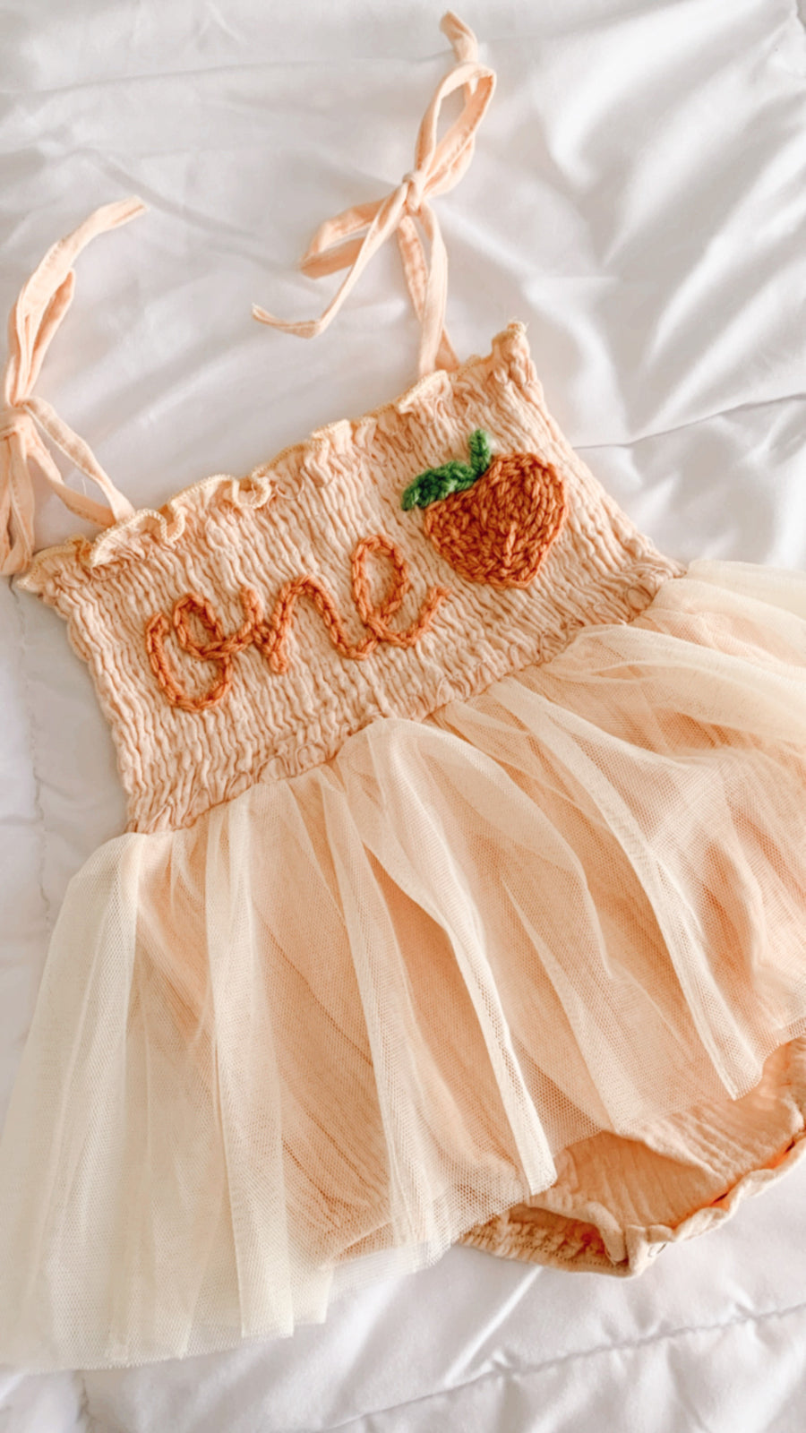Hand embroidered ONE + 🍑 | Tulle Romper