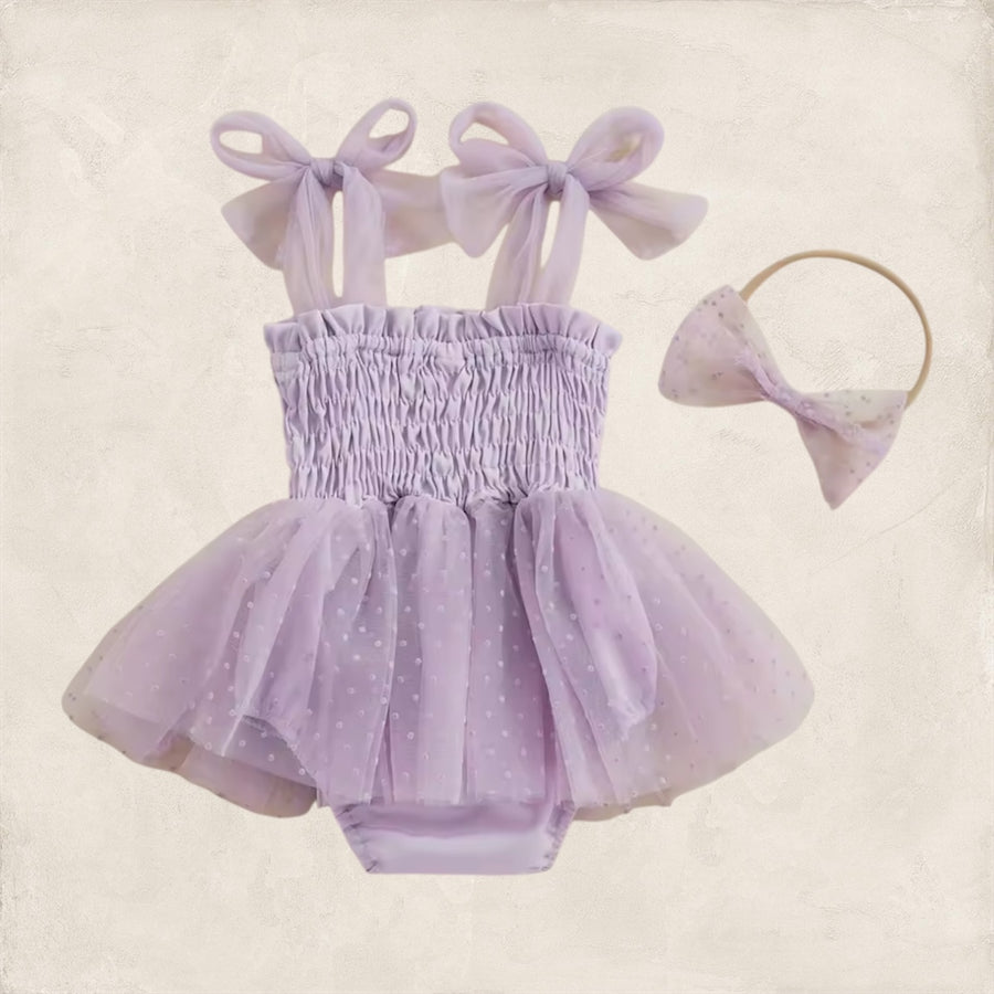 Baby Girl Tutu Romper with Matching Bow Headband – Lavender or White
