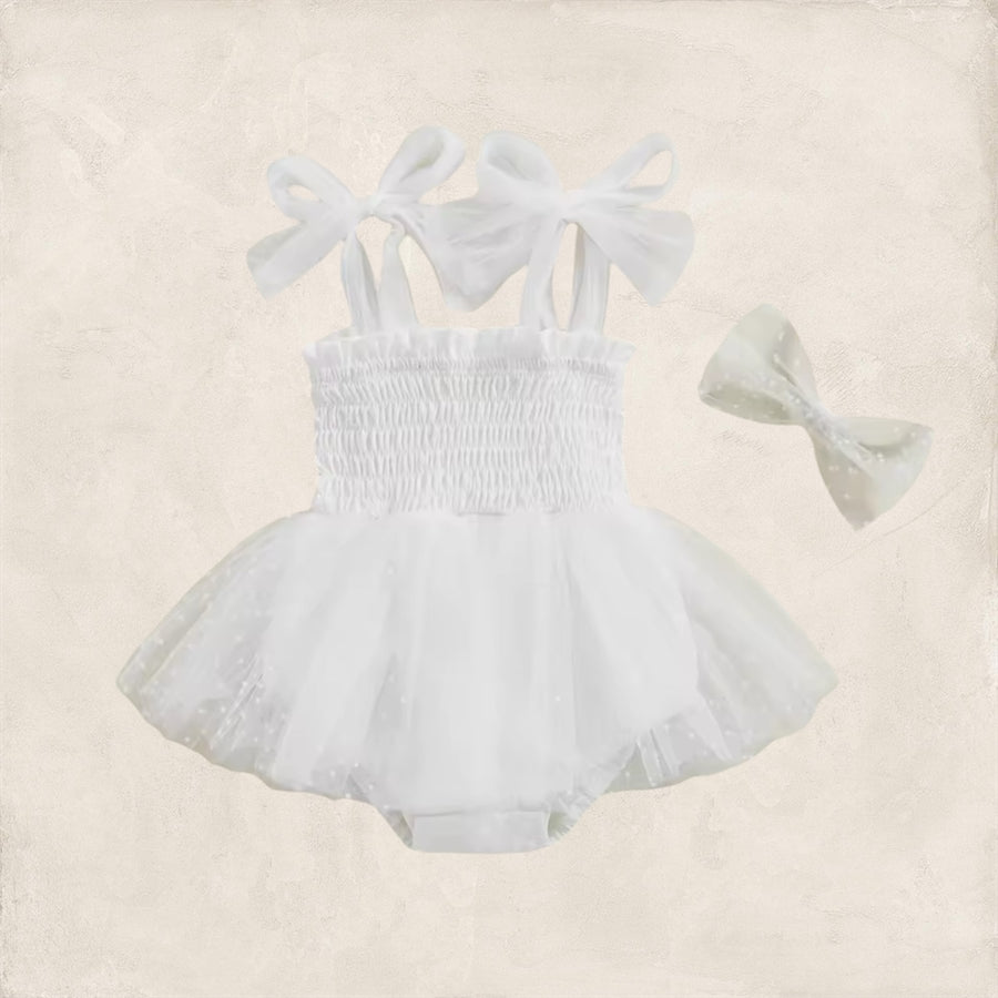 Baby Girl Tutu Romper with Matching Bow Headband – Lavender or White