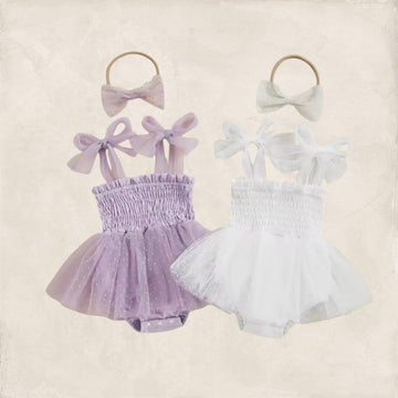 Baby Girl Tutu Romper with Matching Bow Headband – Lavender or White