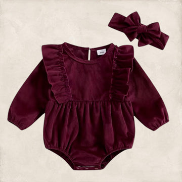 Corduroy Ruffle Romper - Burgundy