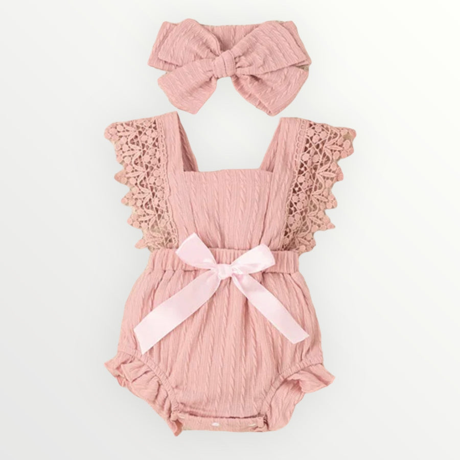 Penelope | Bow Lace Romper - Pink
