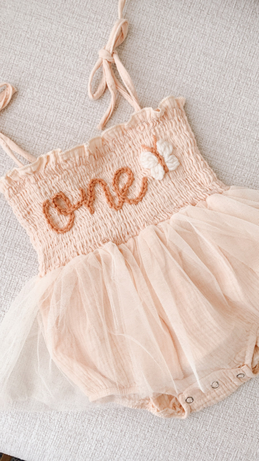 Hand embroidered ONE + 🦋 | Tulle Romper - Beige