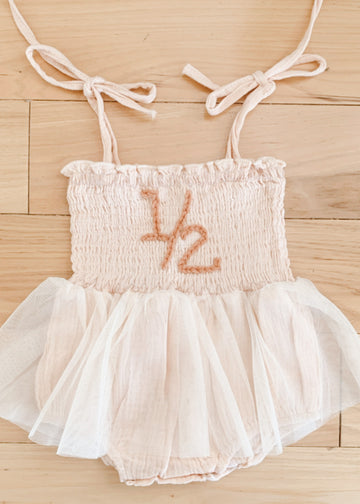 Hand embroidered 1/2 | Tulle Romper - Beige
