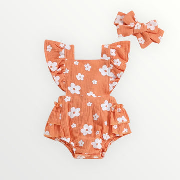 Groovy Floral Ruffle Romper - Coral