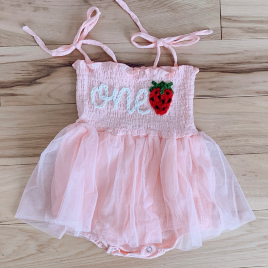 Hand embroidered ONE + 🍓 | Tulle Romper - Pink
