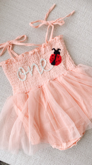 Hand embroidered ONE + 🐞| Tulle Romper - Pink