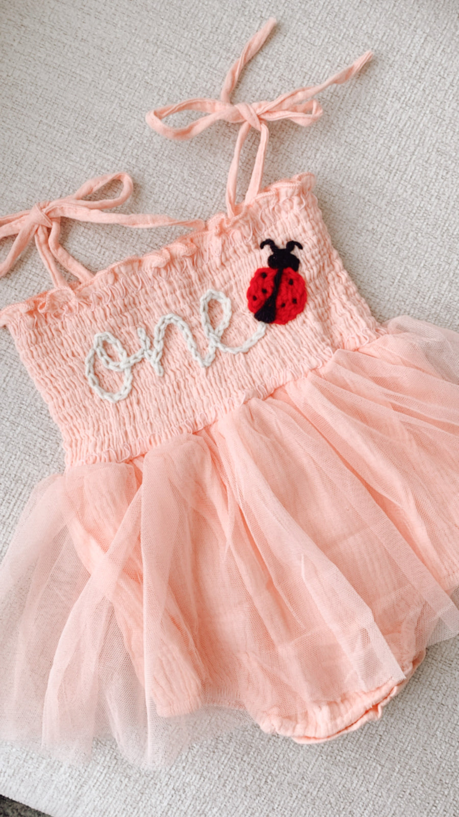 Hand embroidered ONE + 🐞| Tulle Romper - Pink