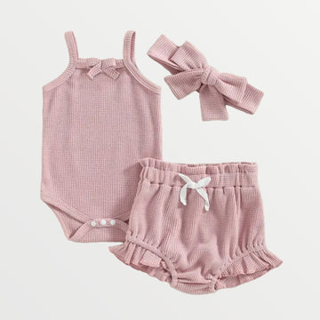 Kaela - Waffle Knit Bodysuit  + Bloomer Set - Pink
