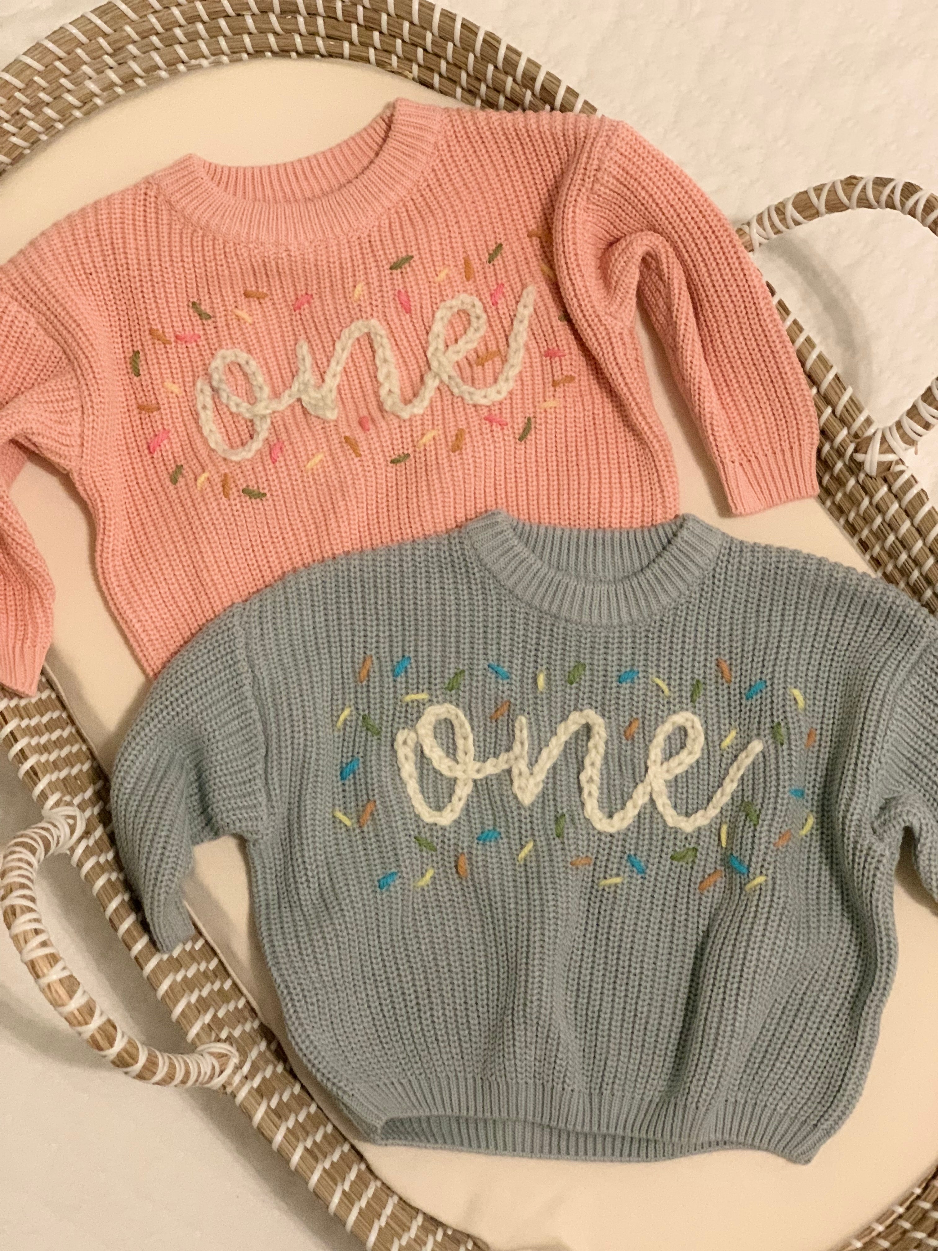 One Embroidered ONE Hand-embroidered Chunky Sweater - Blue – Bodoke Kids Boutique