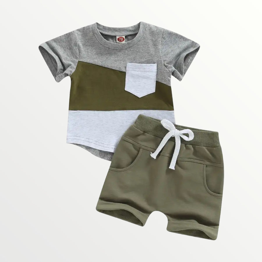 Color Blocked Shirt + Shorts Set - Olive