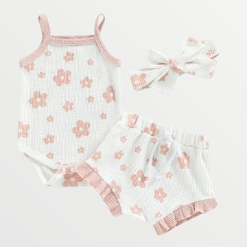 Flor - Waffle Knit Bodysuit  + Bloomer Set - pink