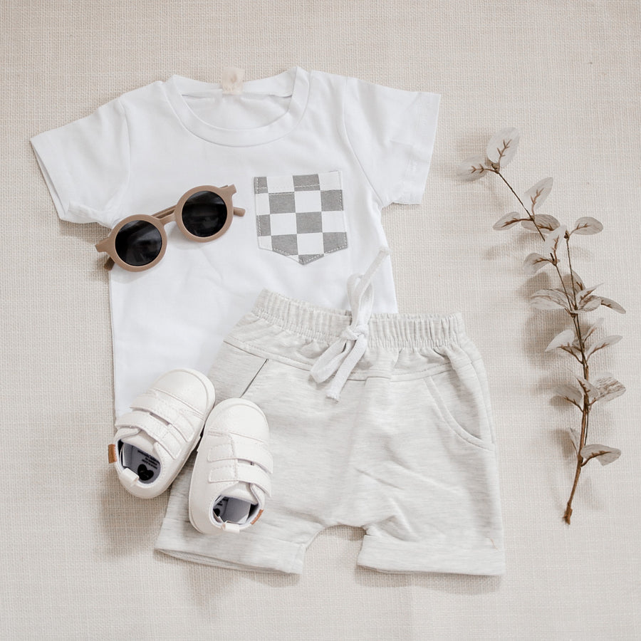 White Shirt + Shorts Set - Checkered Sleeve