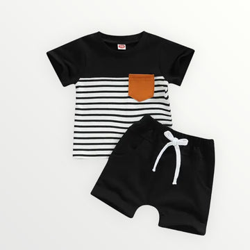 Striped Shirt + Shorts Set - Black