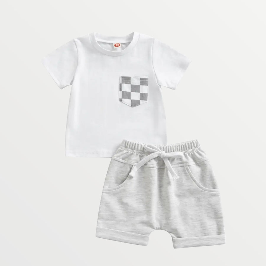 White Shirt + Shorts Set - Checkered Sleeve
