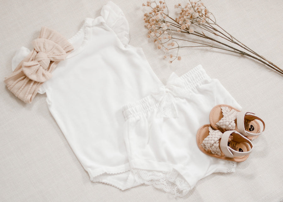 Mia - Waffle Knit Bodysuit  + Bloomer Set - White